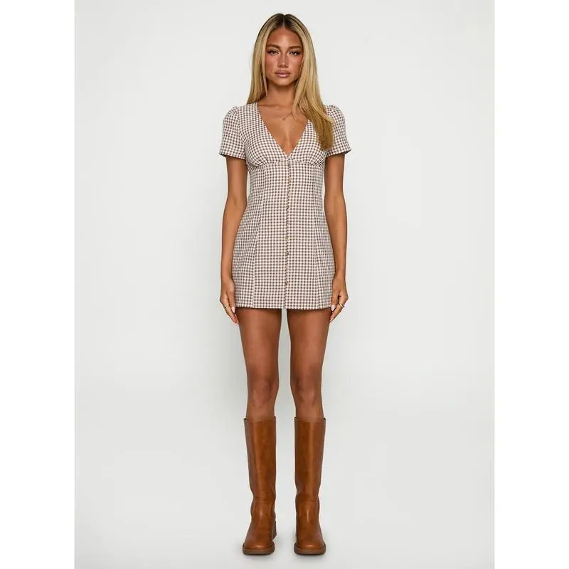 Vintage Checkered Deep V-Neck Fitted Mini Dress