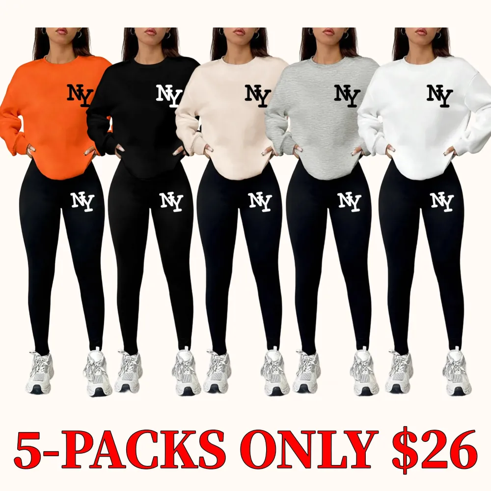 Women's 2-Piece Sweatshirt Set, Ny Letter Print, Round Neck Long Sleeve, Long Pants, Casual Fall Winter, Fitted Style