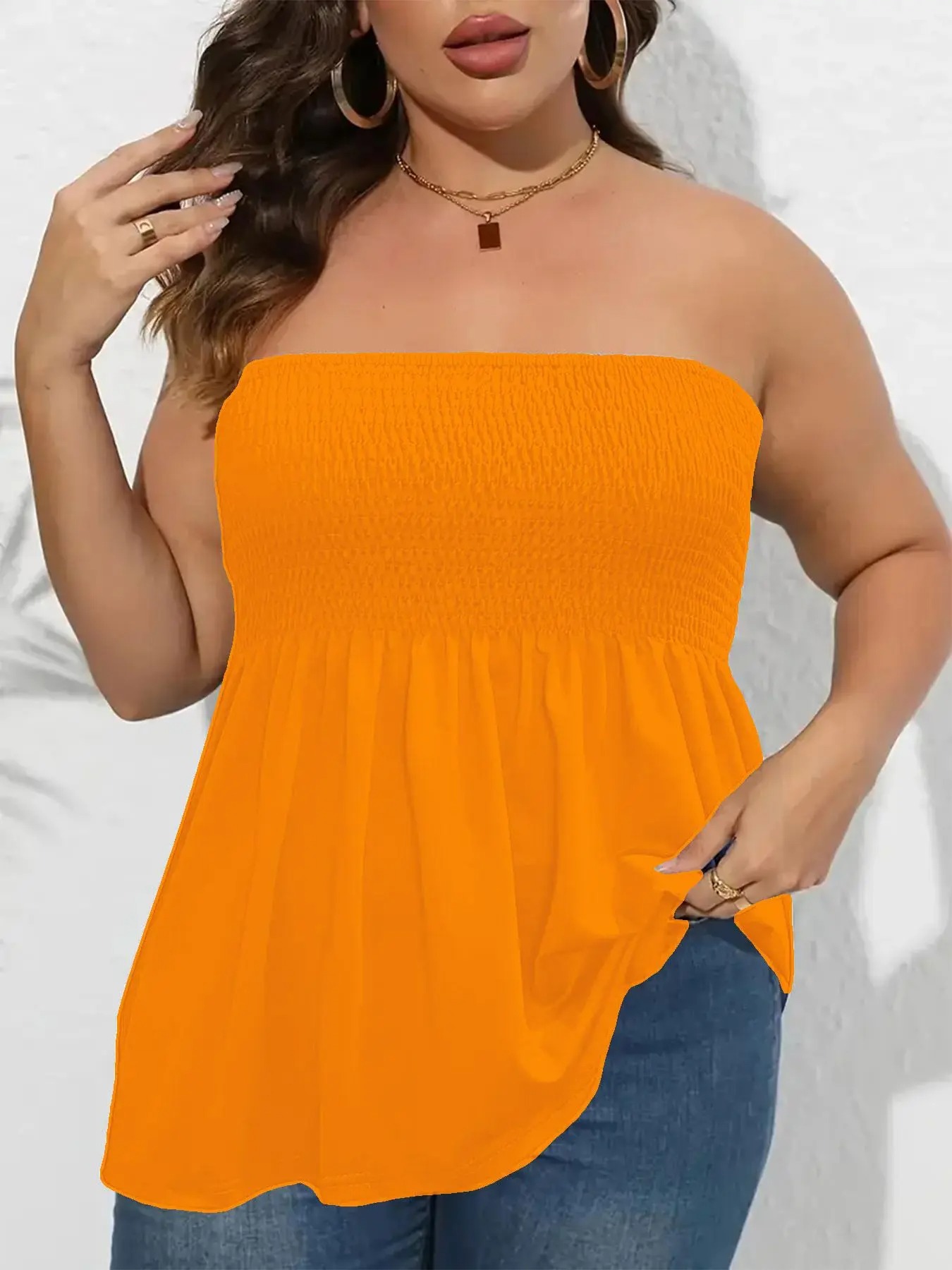 👚 Plus Size Shirred Strapless Tube Top – Ruffle Hem Boho Style