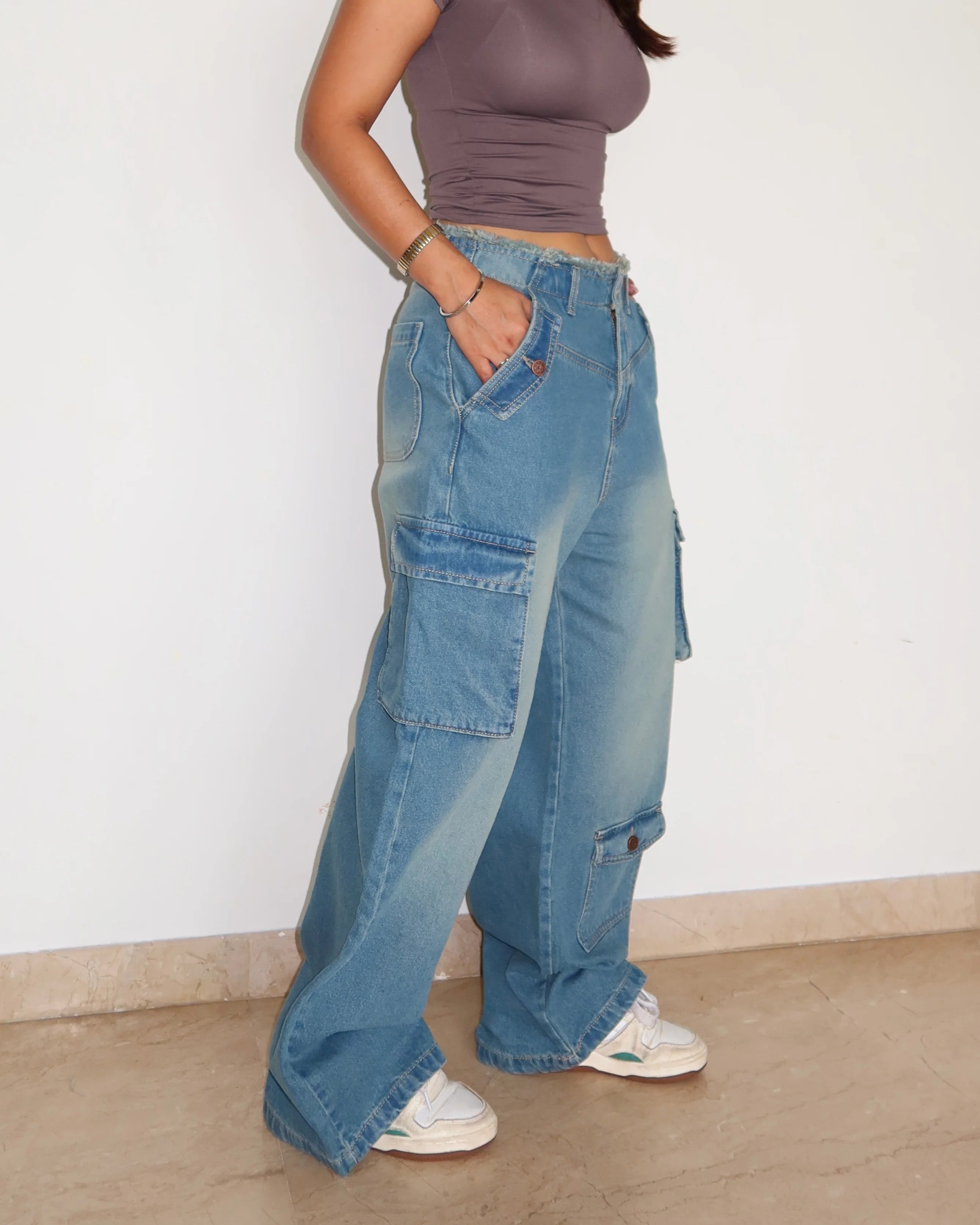 Lunar Grey Raw Waist Baggy Wide Leg Cargo Jeans