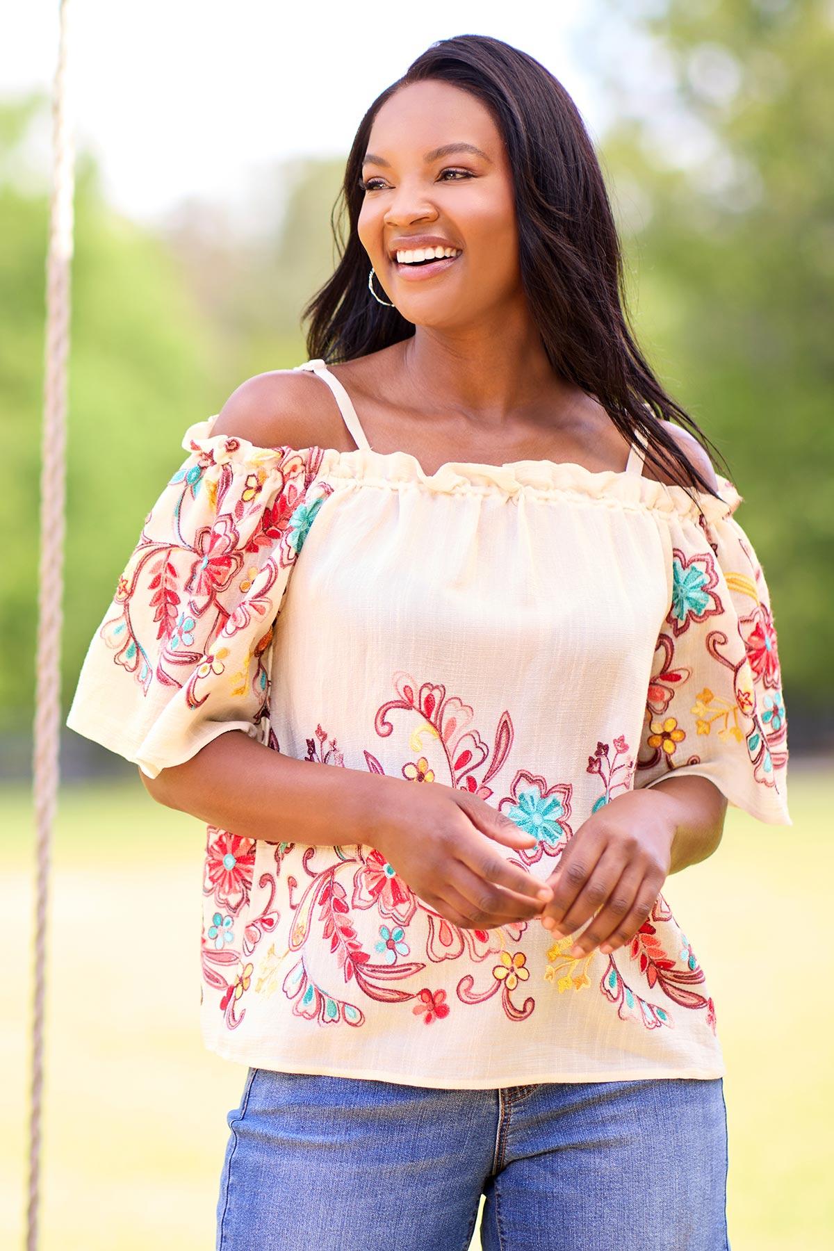 Embroidered Cold Shoulder Top