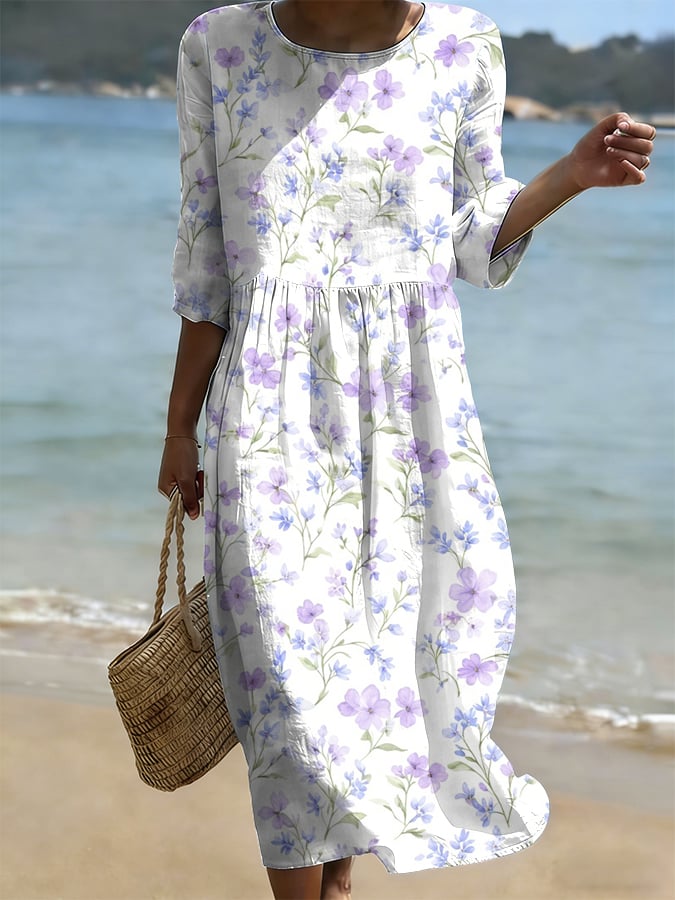 Women's Casual Round Neck Mid-Sleeve Floral Print Cotton Linen Dress- Fast Shipping