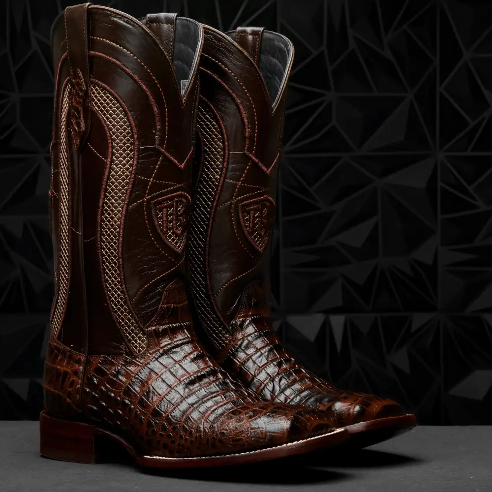 Chocolate Brown Caiman Belly Leather Boots - Square Toe
