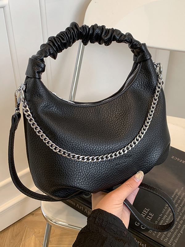 Chains Pleated Solid Color Zipper Handbags Crossbody Bags