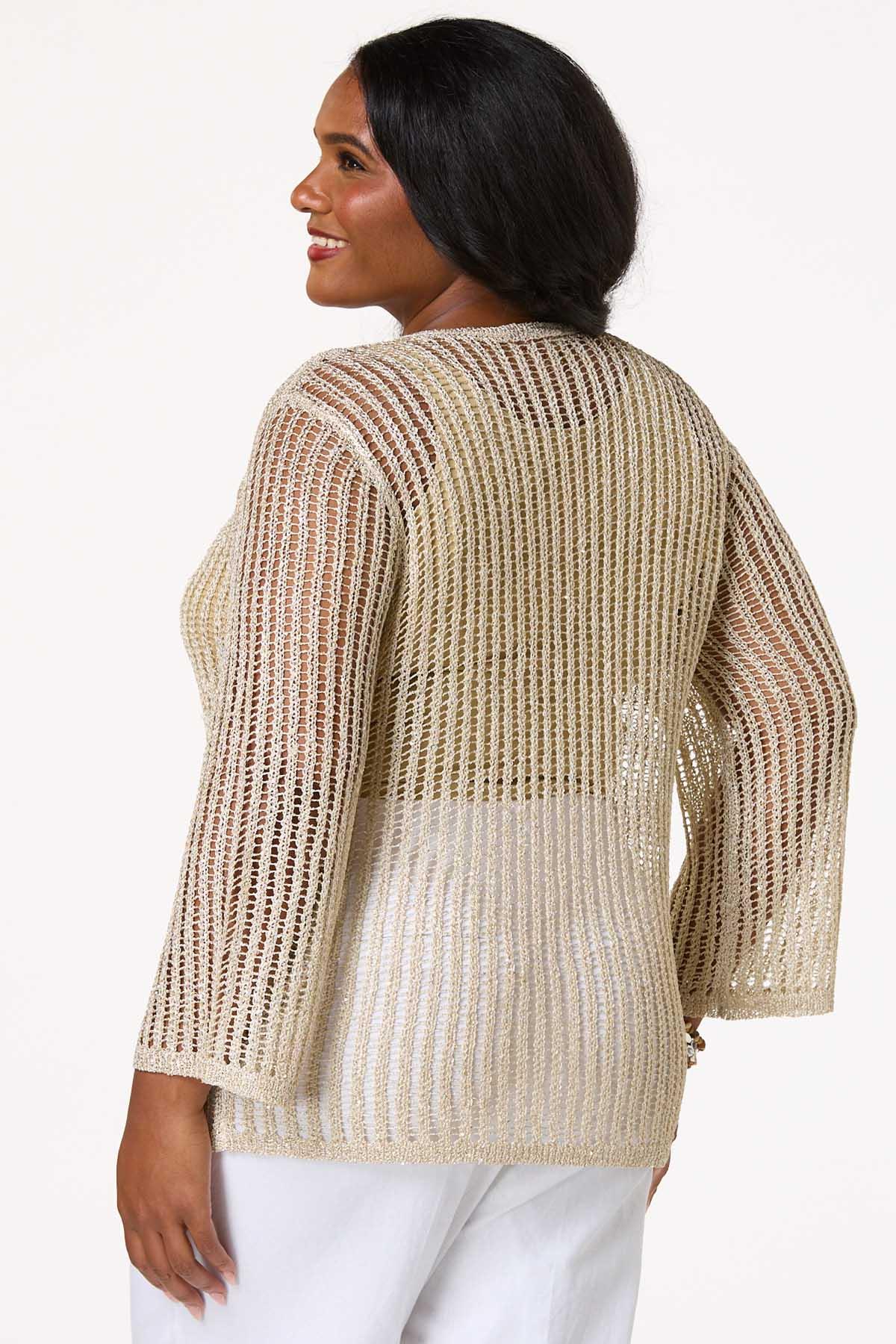 Plus Size Open Knit Sequin Yarn Sweater