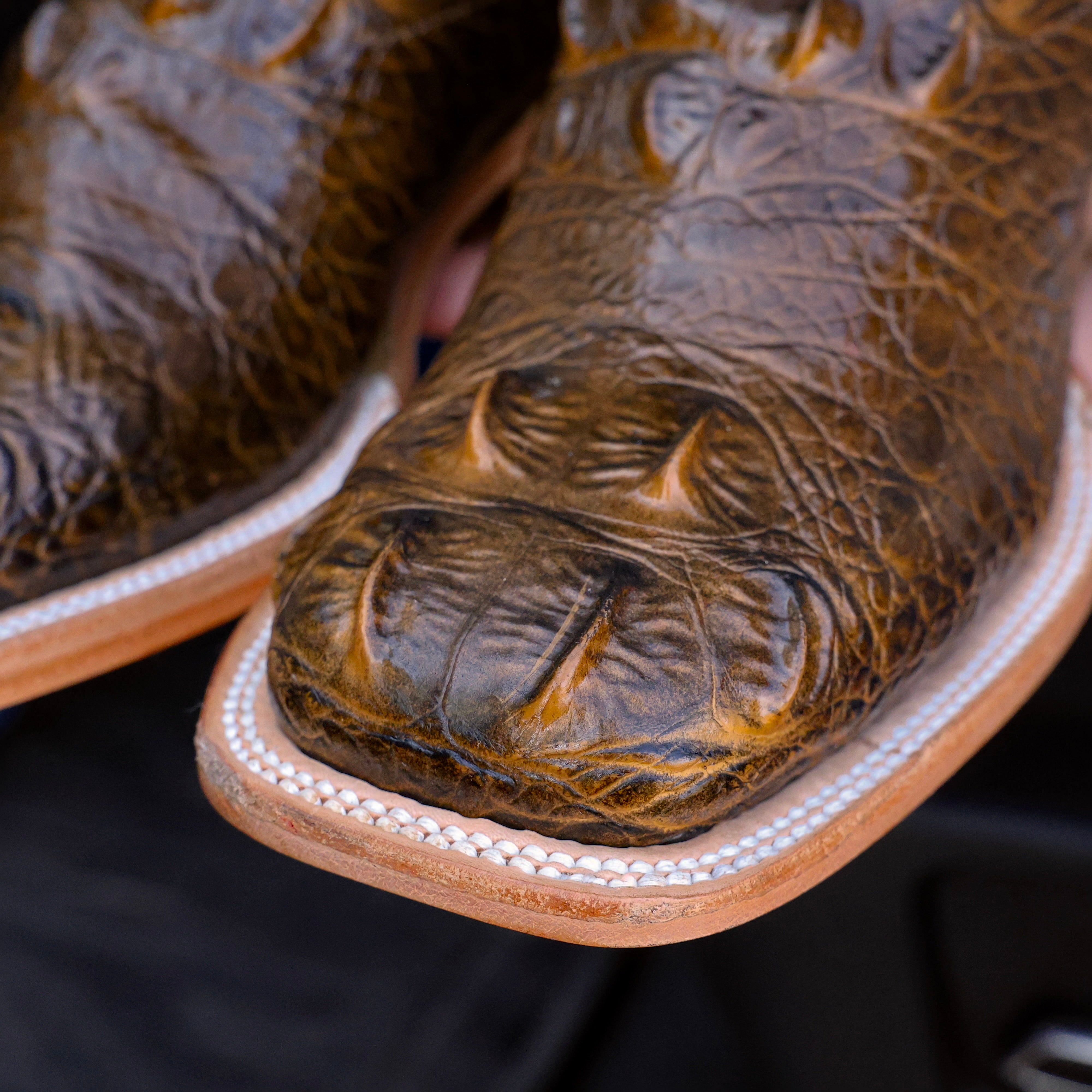 Honey Caiman Neck Leather Boots - Square Toe