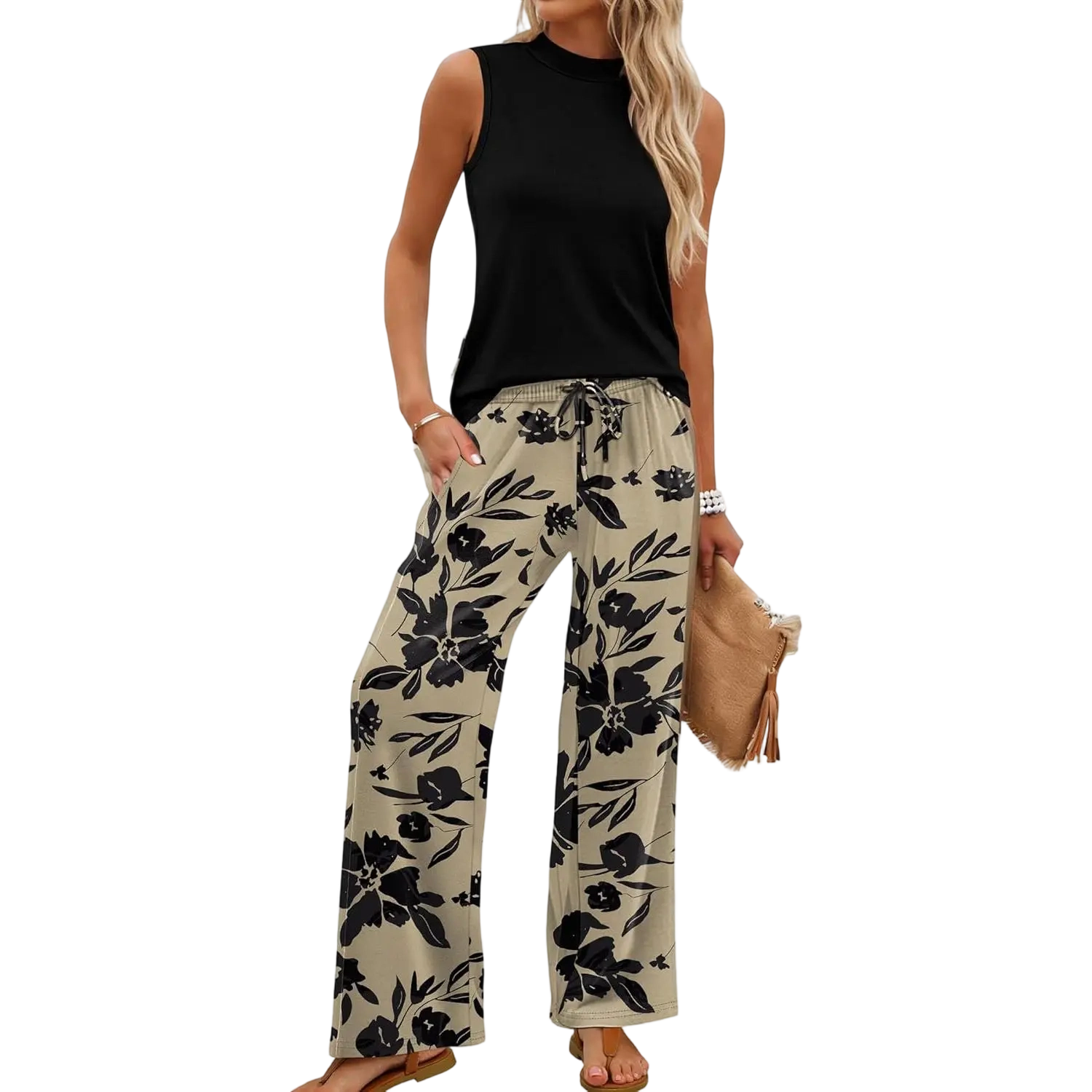 Two Piece Set for Women Summer Spring Outfits Cruise Travel Airport Beach Vacation Mock Neck Wide Leg Pants Set