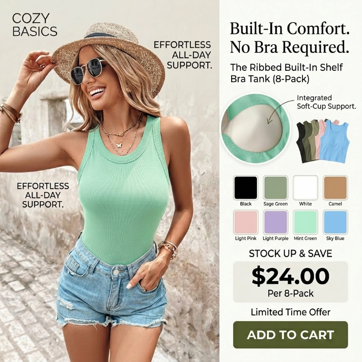 Seamless Ribbed Built-In Bra Racerback Tank Top for Women