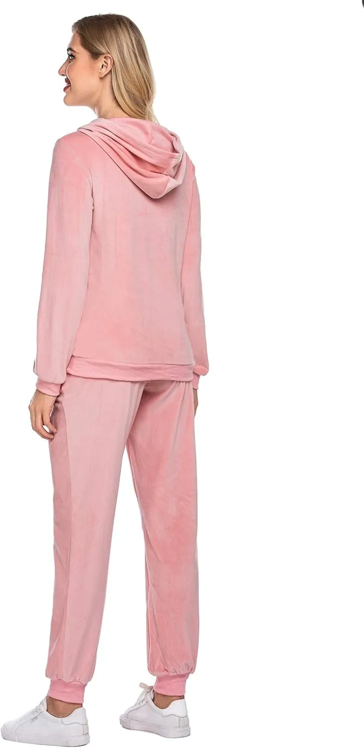 Women's Casual Velour Tracksuit Set Full Zipper Hoodie