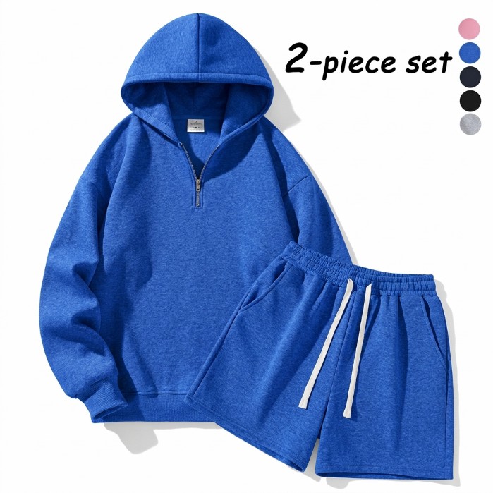 Men's Half-Zip Hoodie & Shorts 2-Piece Set - Casual Warm-Up Jogging Tracksuit