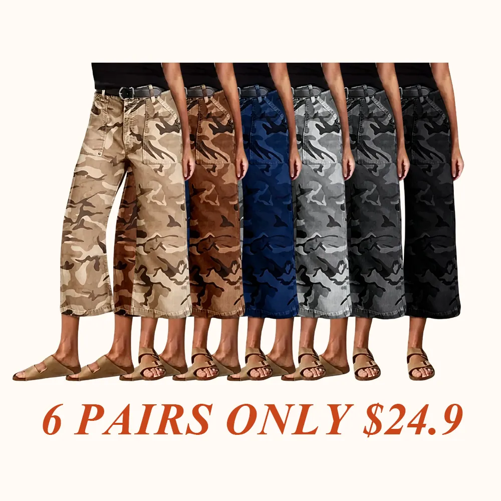 Camo Print Mid Waist Straight Leg Capri Pants Without Belt