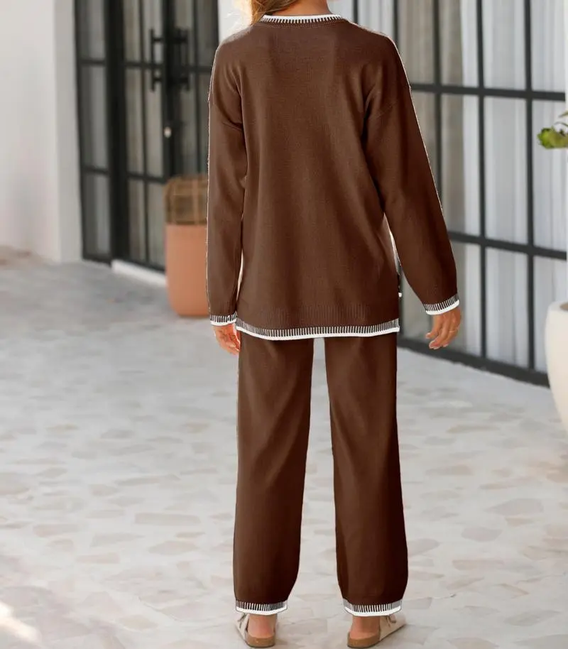 Chic Crew Neck Sweater & High Waist Loose Pants Casual Outfit