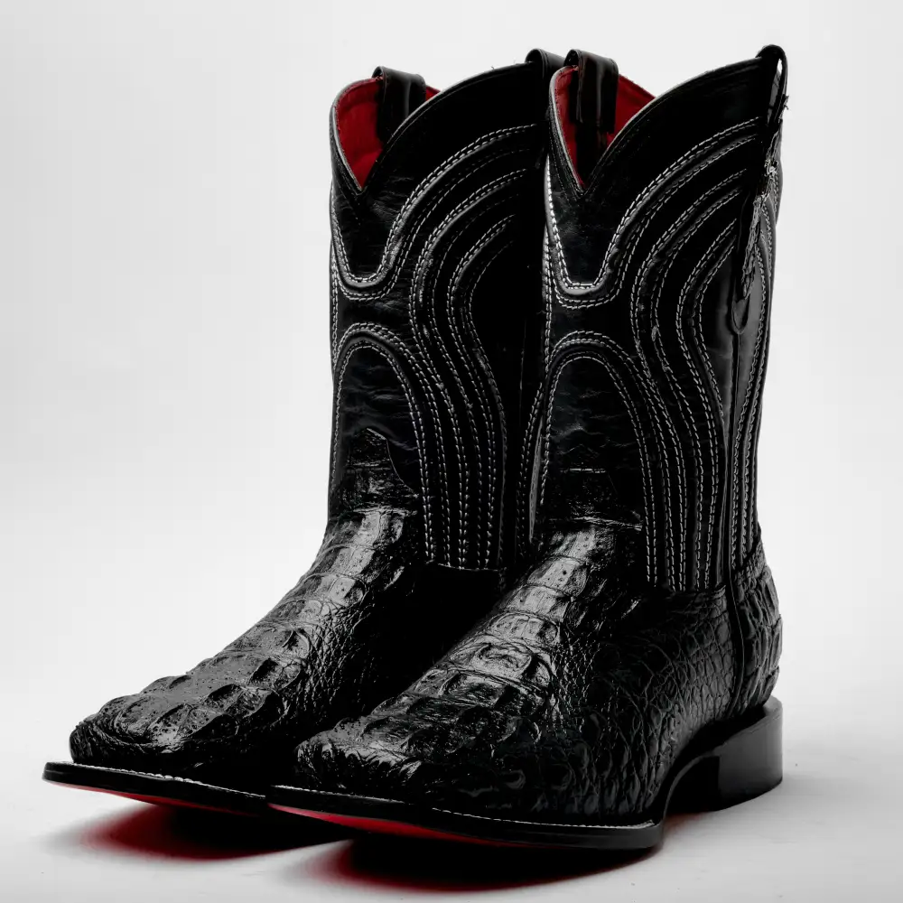 Black Caiman Neck Leather Boots - Square Toe
