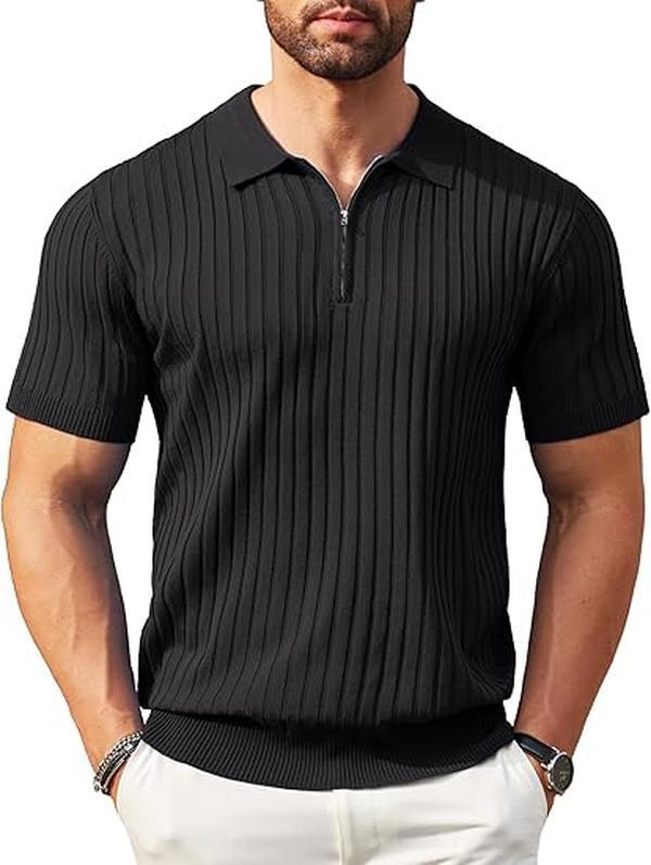 Men's Zipper Polo Shirts Short Sleeve Ribbed Knit Polo T Shirts Fashion Casual Golf Shirts