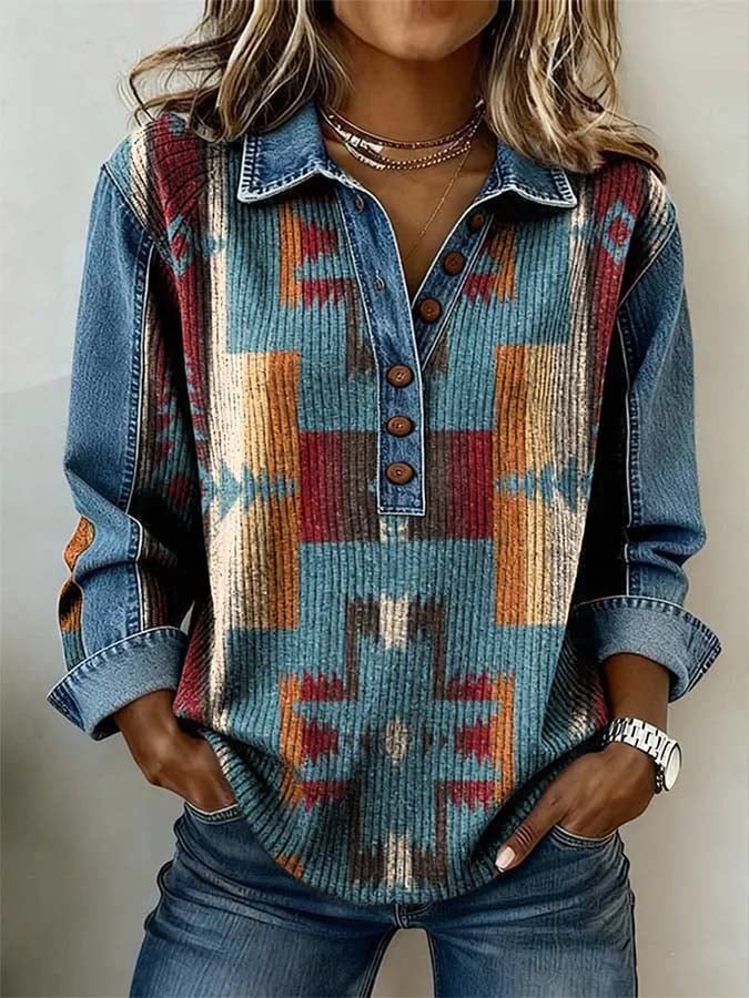 Women'S Casual Color-Block Printed Patchwork Pullover Sweatshirt