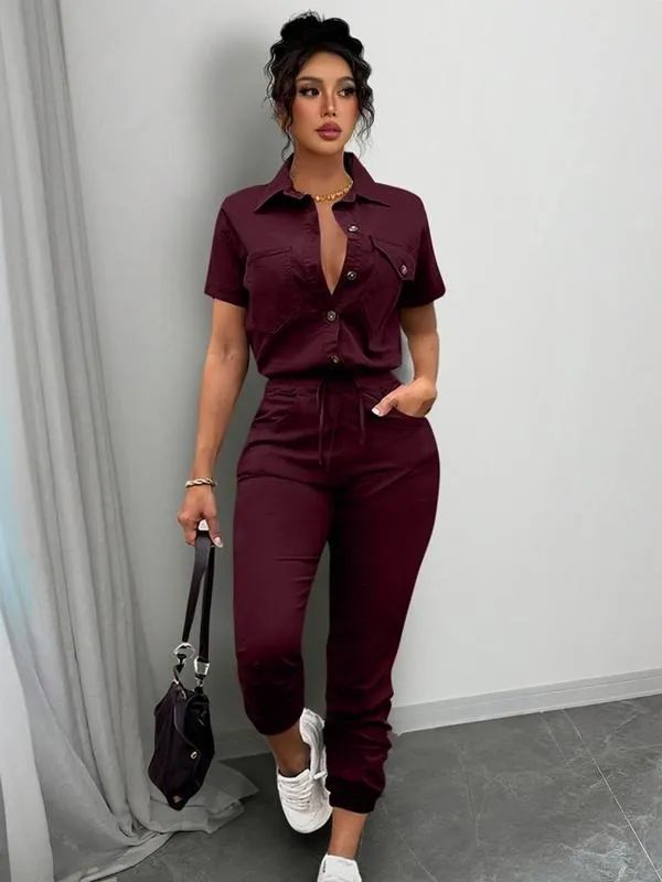 Women's Solid Button Front Pocket Jumpsuit, Casual Short Sleeve Jumpsuit for Daily Wear