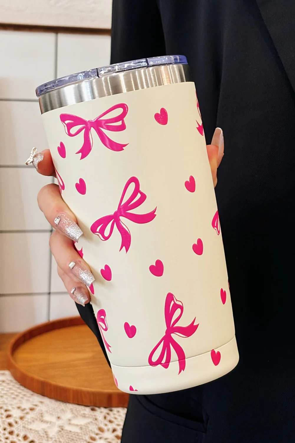 Rose Red Bows Hearts Printed Insulated Stainless Steel Cup