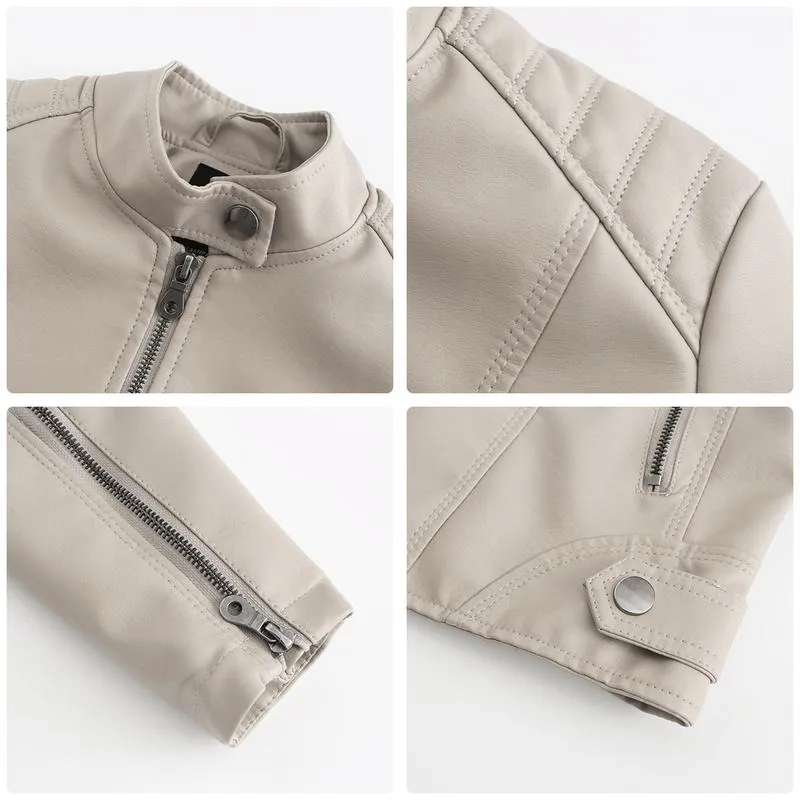 Women's Slim Fit Faux Leather Jacket Stand Collar Motorcycle Style Spring Autumn