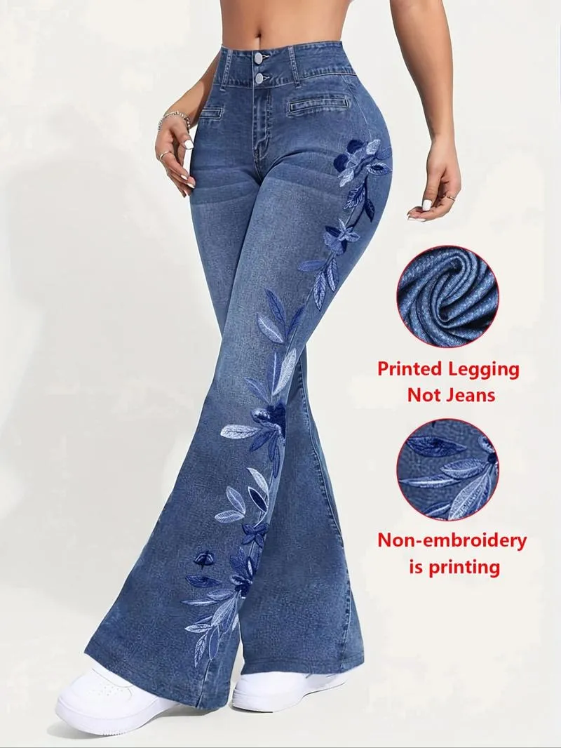 Women's denim printed flared pants
