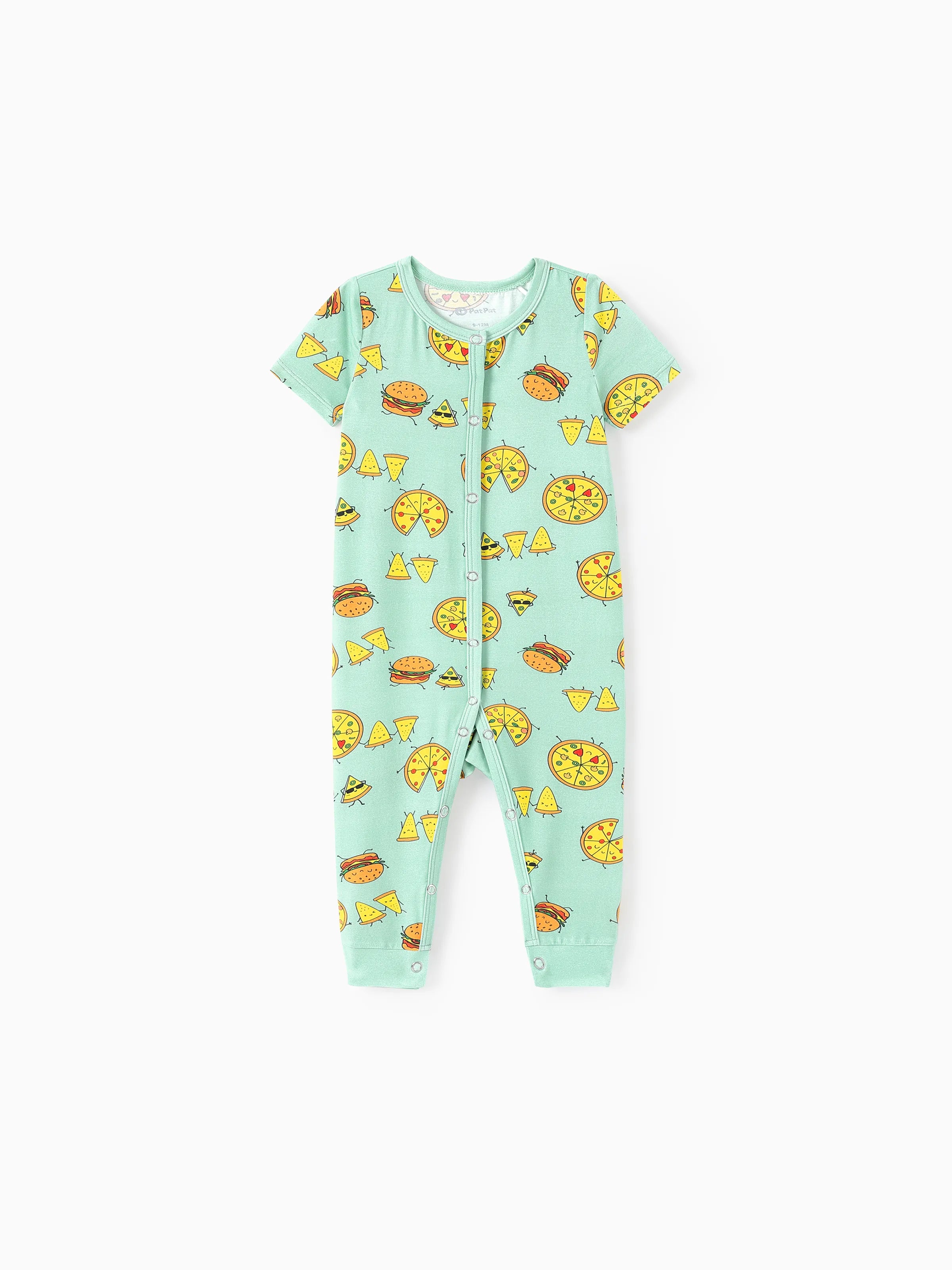 Bamboo Family Mint Green PJs Cute Cartoon Food Theme Print Short Sleeve & Long Pants Sleepwear Matching Pajama set (Snug-Fitting for Children) Light Blue