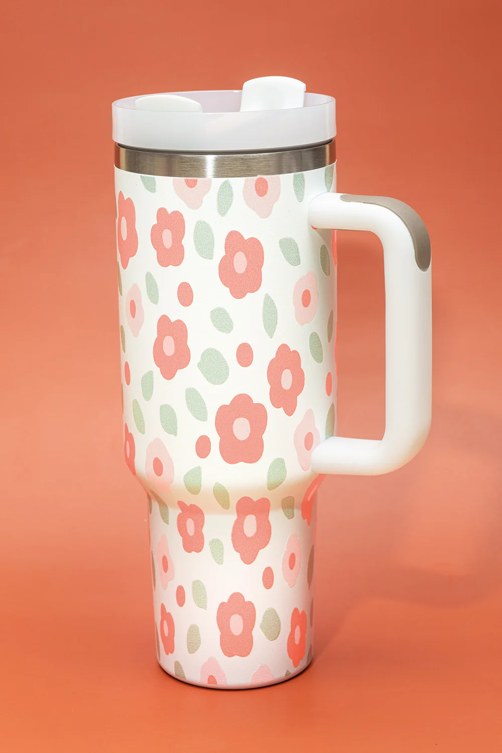 White Floral Leaves Print Stainless Large Portable Cup 40oz