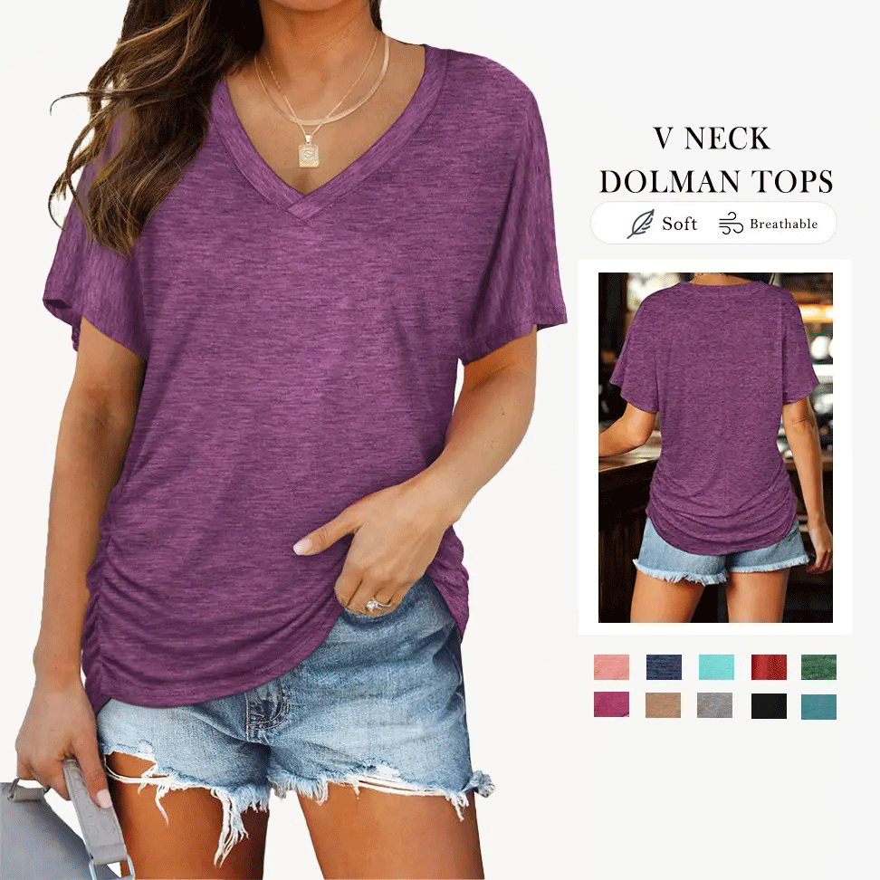 Women’s V-Neck Dolman Sleeve Top with Side Shirring – Loose Fit Casual Shirt