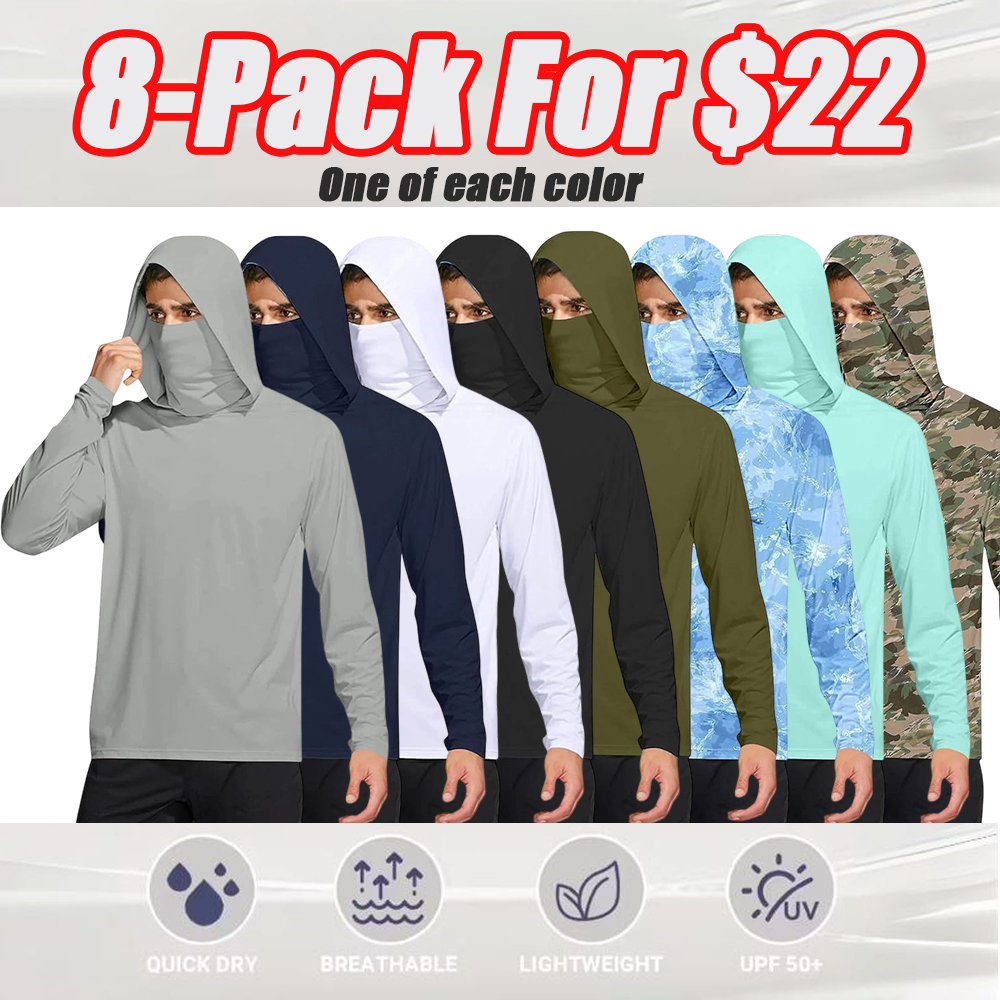 Long Sleeve Sun Shirt Men UPF 50+ Rash Guard Cooling Fishing Hoodies with Mask Casual Summer UV SPF Hiking Blouses