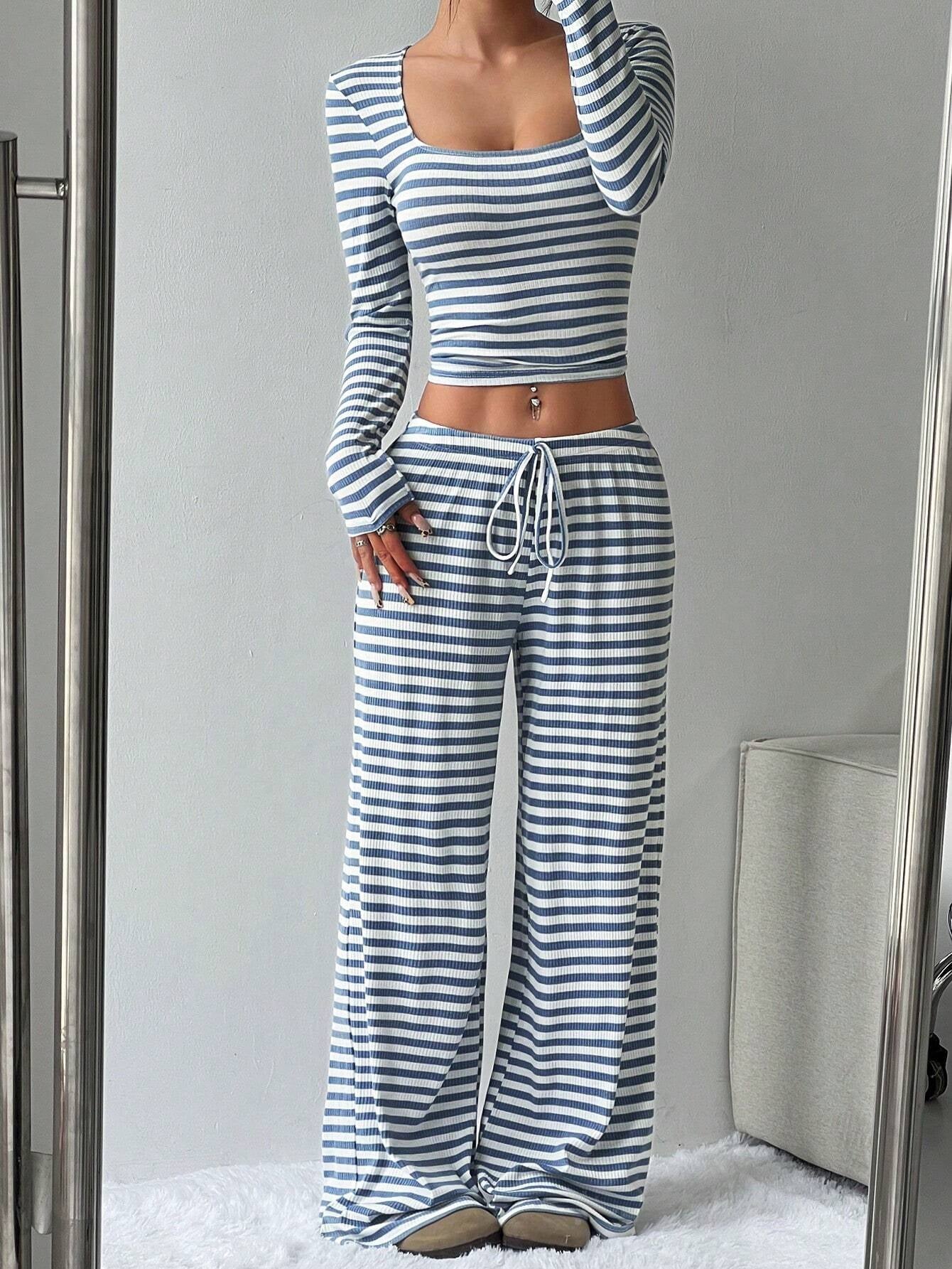 Women's Slouchy Square Neck Stripe Long Sleeve Crop Top & Low-Rise Wide Leg Trousers Co-ord, Minimalist Two Piece Outfits, Cozy Womenswear