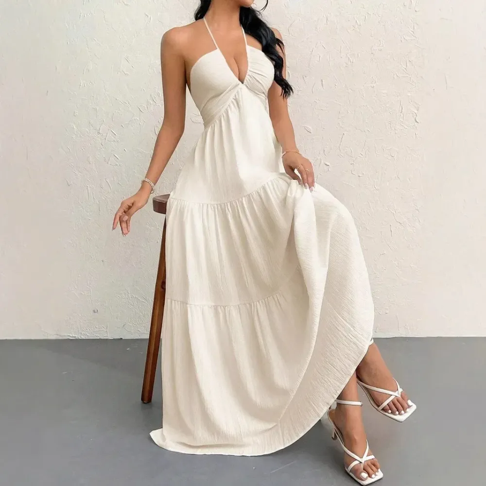 Women's Casual Fashion Solid Color Dresses V-Neck Sleeveless Dresses