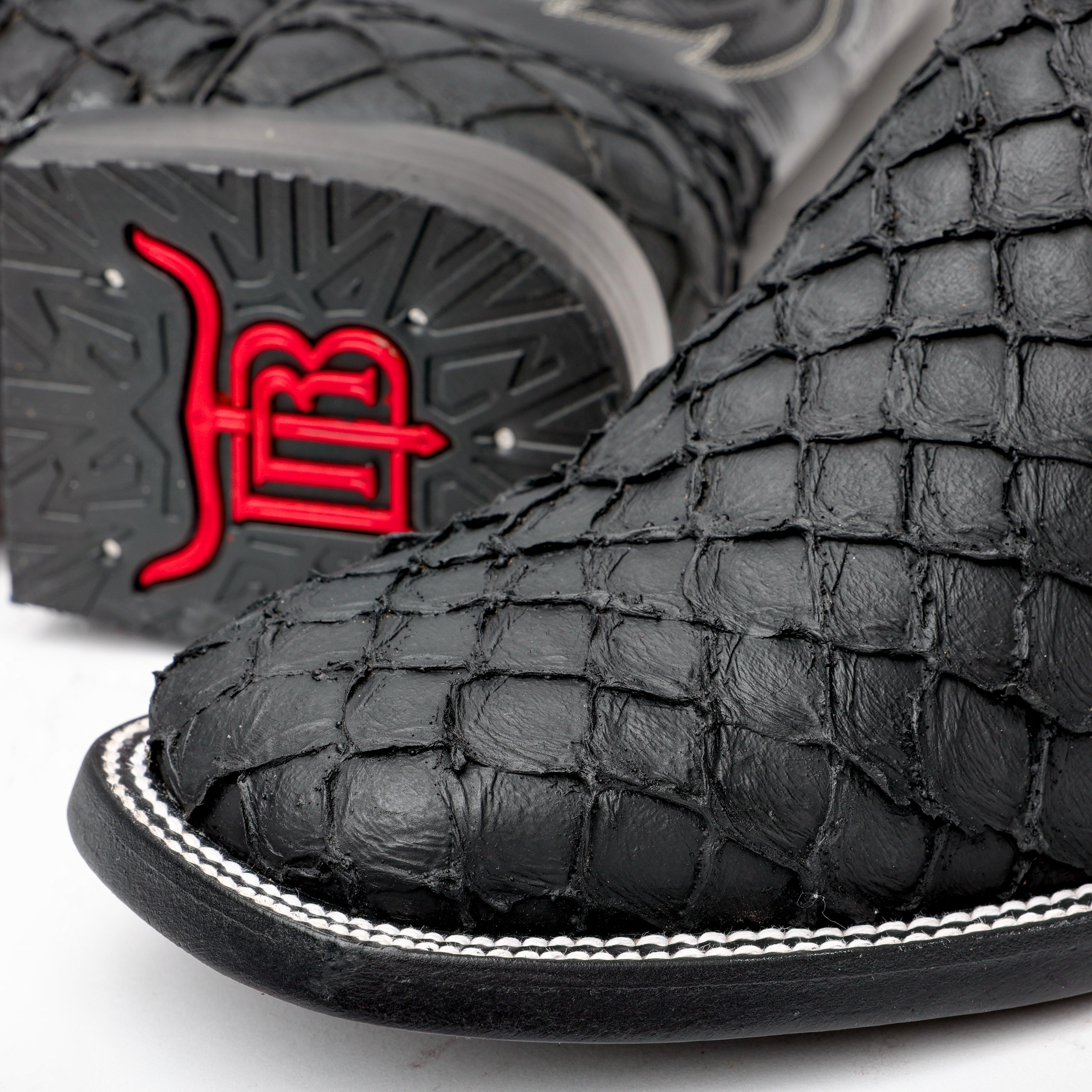 Matte Black Mini Pirarucu Leather Boots - Square Toe