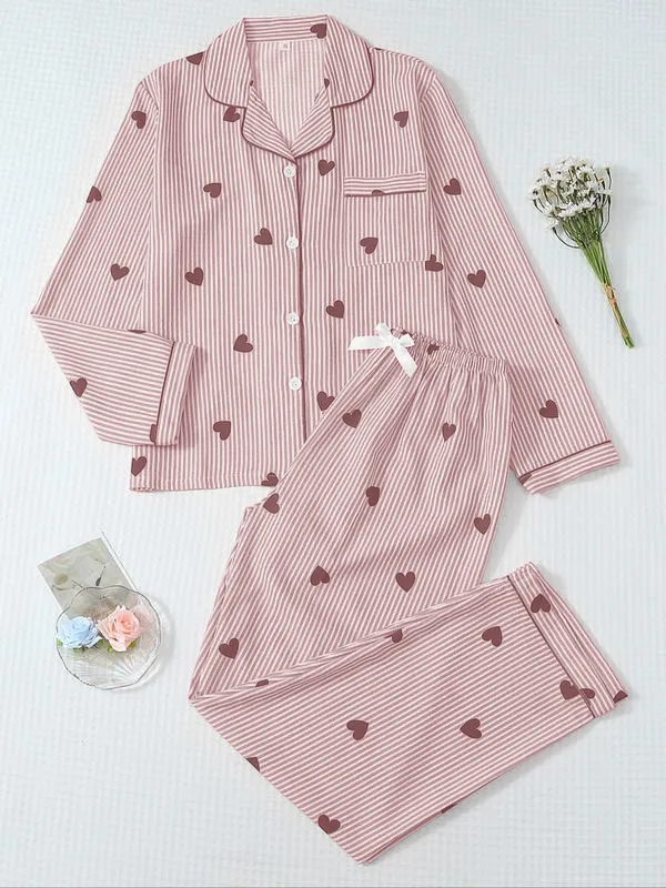 Women's Striped Bow Print Long Sleeve Pajama Set
