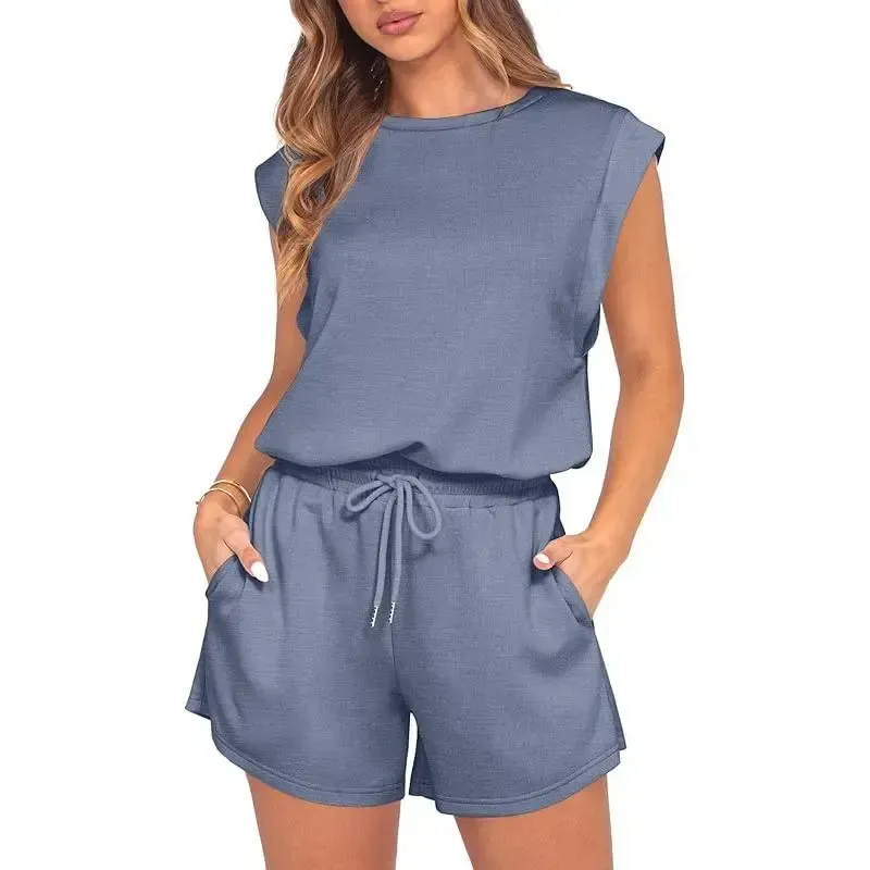 Women 2026 Summer Cap Sleeve Adjustable Drawstring Waistband Cozy Lounge Short Jumpsuit With Pocket