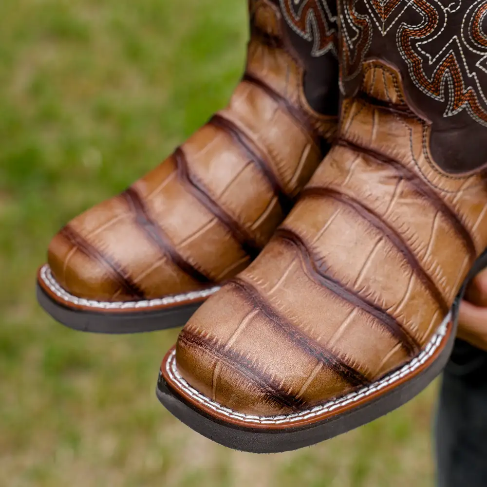 Moka American Gator Belly Leather Boots With Lightweight Soles - Square Toe