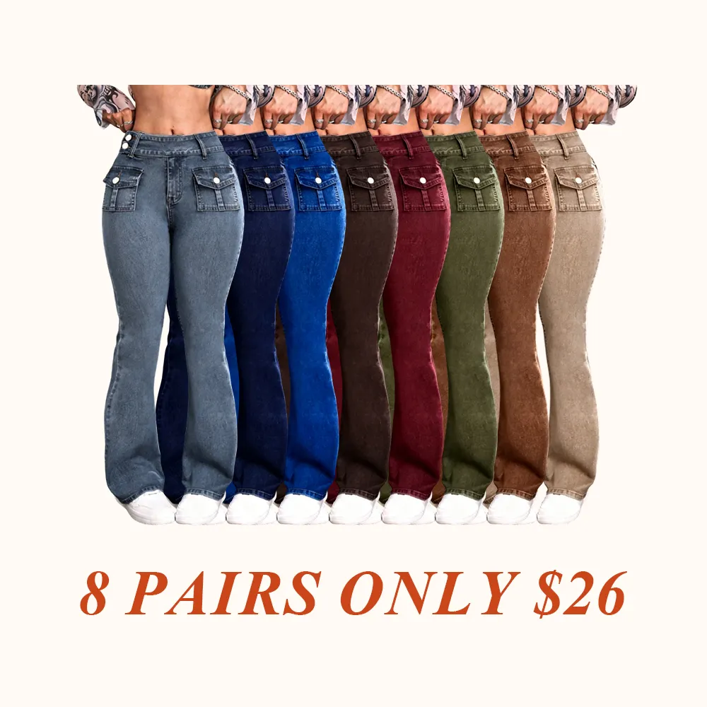 Women's Pocket Leg Stretchy Jeans, Flared High Waist Casual Comfy Bell Bottom Denim Trousers for Daily Wear, Ladies Bottoms for All Seasons