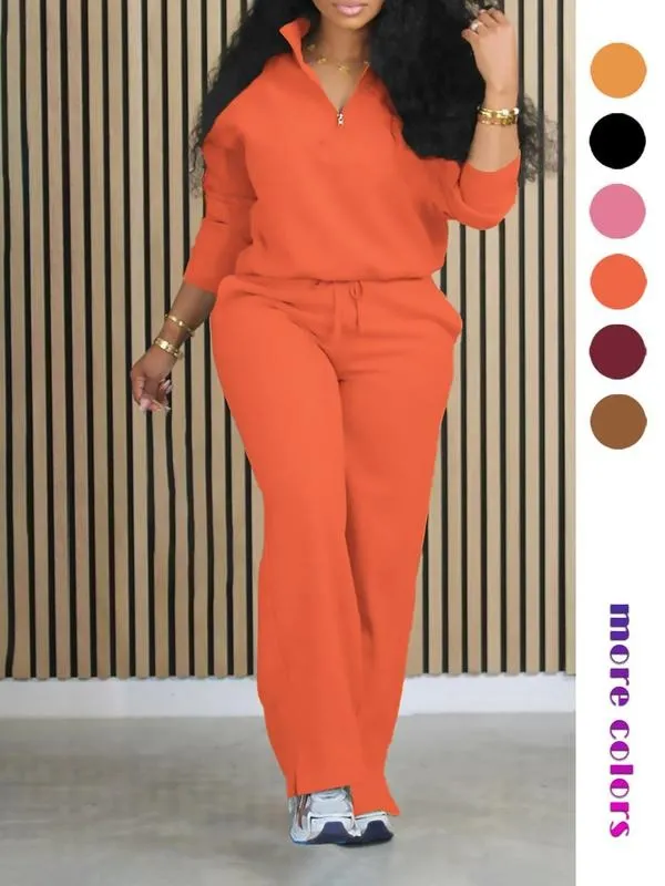 Women's Solid Half Placket Split Hem Pants Set