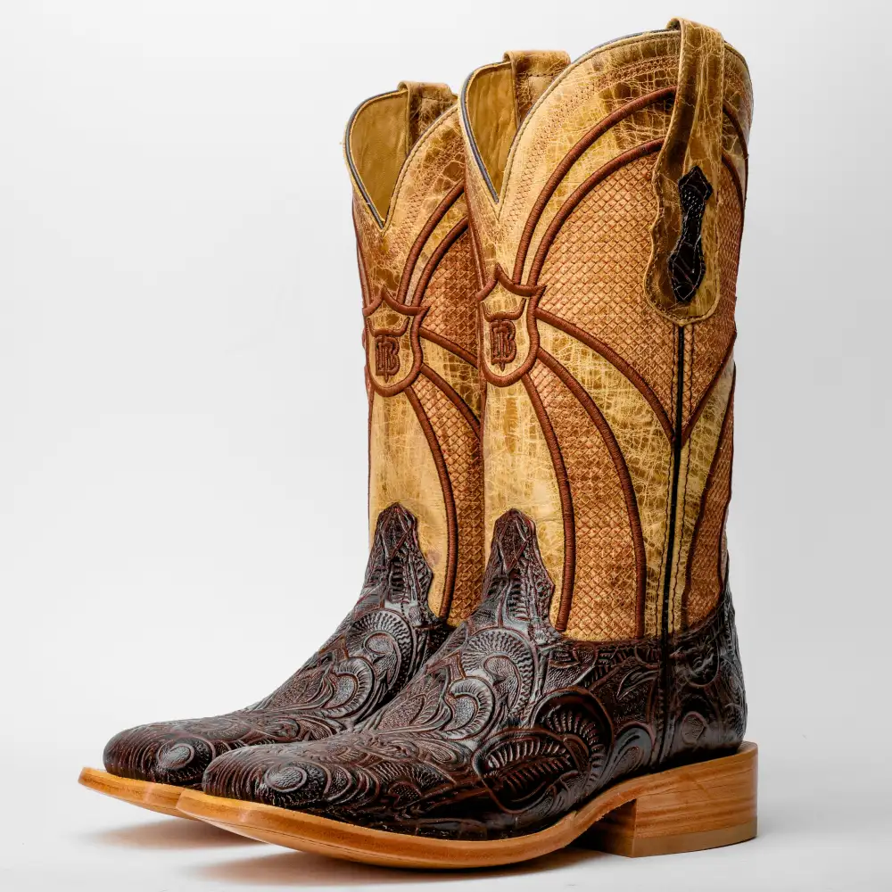 Brown Hand-Tooled Leather Boots - Square Toe