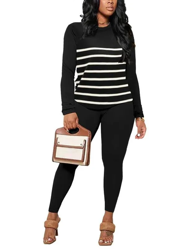 Two-Piece Set Women's Striped Print Long Sleeve Tee & Skinny Pants Set