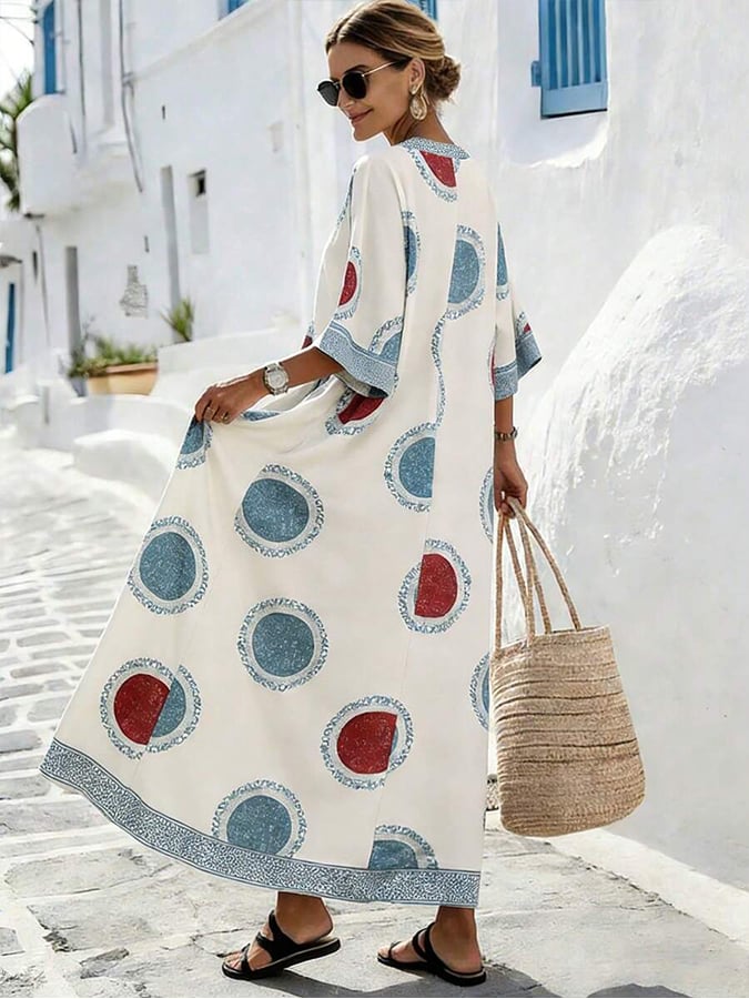 Women's Casual V-neck Loose Printed Vacation Dress- Fast Shipping