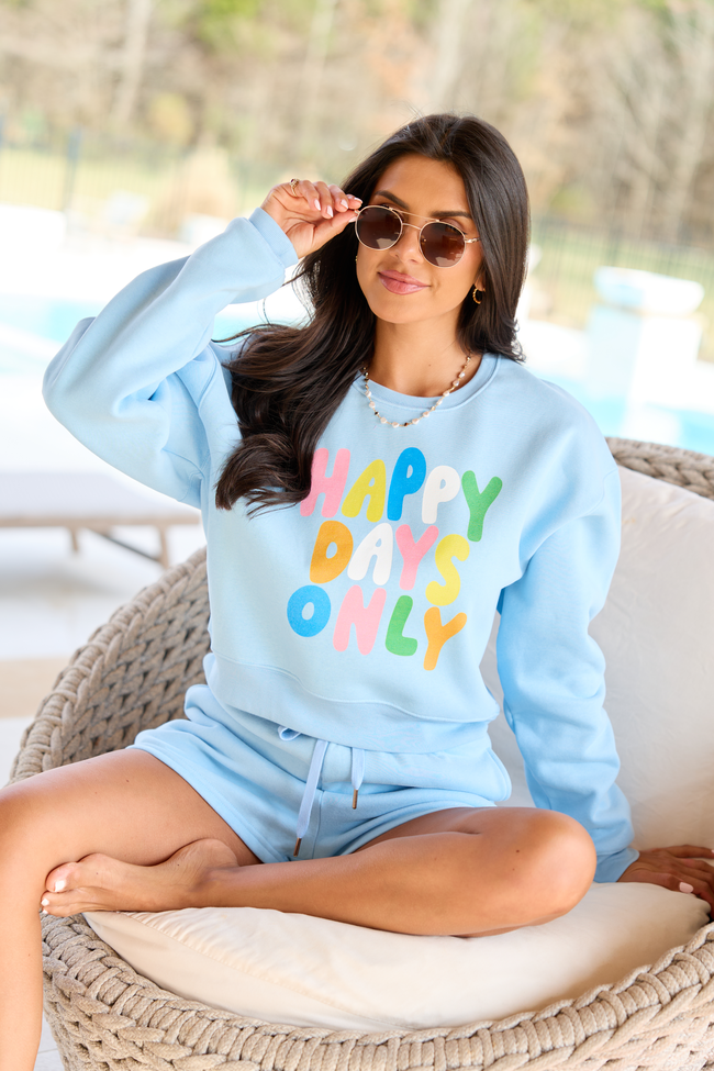 Happy Days Only Light Blue Cropped Graphic Sweatshirt