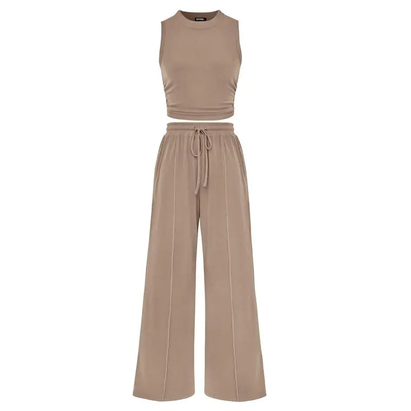 Women's Summer 2-Piece Outfits - Ribbed Knit Crew Neck Sleeveless Cropped Top & Wide Leg Pants Lounge Set
