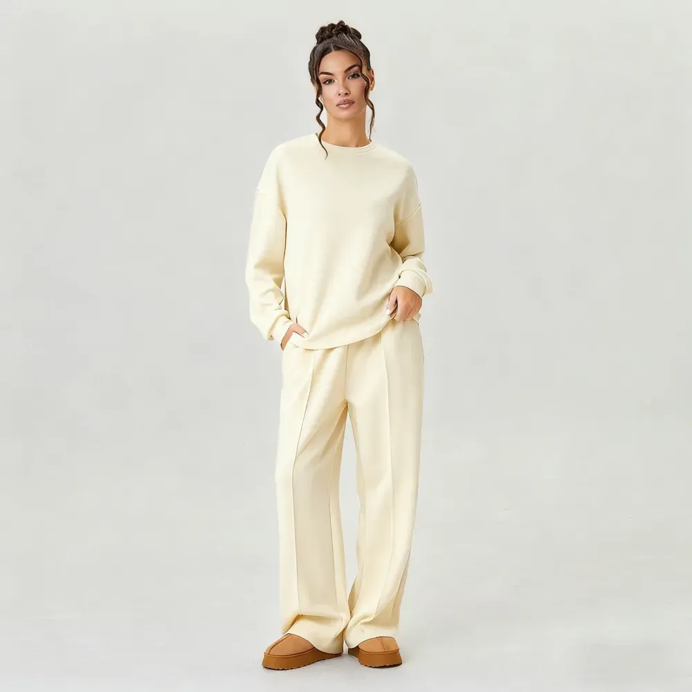 Women's Casual Solid Color Loose Long Sleeve Top & Exposed Stitches Trousers Co-ord