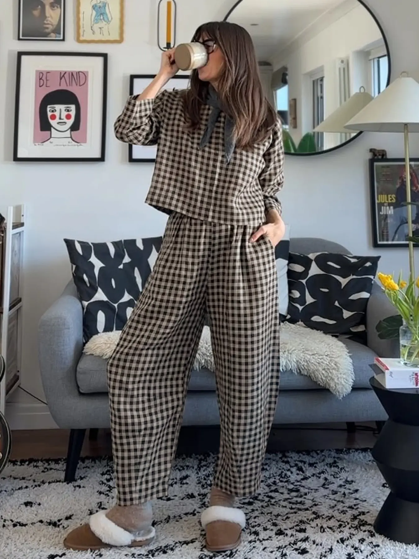 Women's Casual Woven Fabric Plaid Checkered Print Co-ord Set for Fall, Loose Fit Long Sleeve Top & Elastic Waist Wide Leg Pants Two-Piece Set