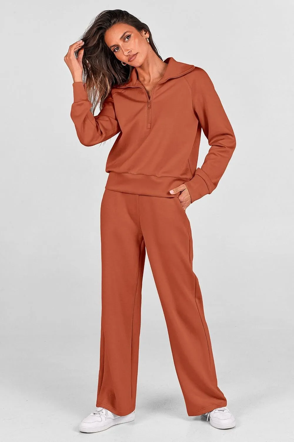 🔥Final Day Clearance!🛒Women's 2 Piece Outfits Casual Lapel Half Zip Sweatshirts And Wide Leg Pants Tracksuit Sets