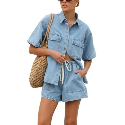 Women's Summer Denim Shirt and Shorts Two-Piece Set Short-Sleeve Button-Down Shirt with Elastic Waist Wide-Leg Shorts Casual Outfit