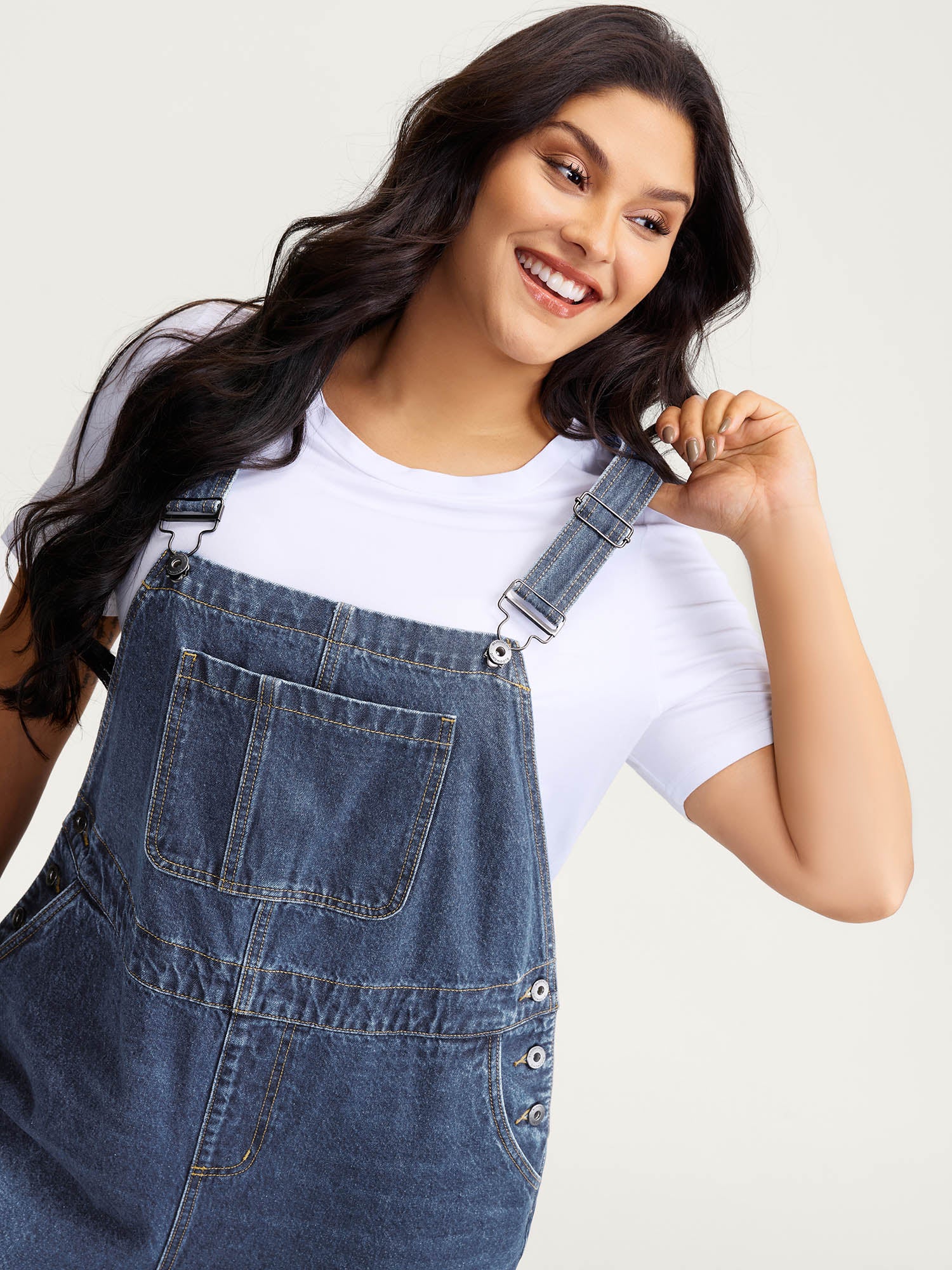 Cotton Relaxed-Fit Side Button Overall Denim Jumpsuit