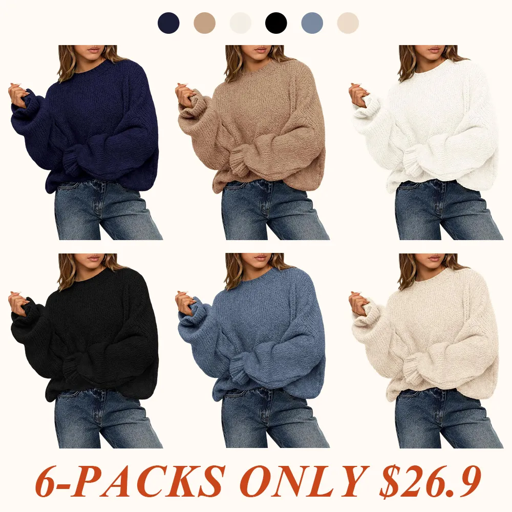 Women's Oversized Sweater Crewneck Long Sleeve Fuzzy Knit Chunky Pullover Sweaters
