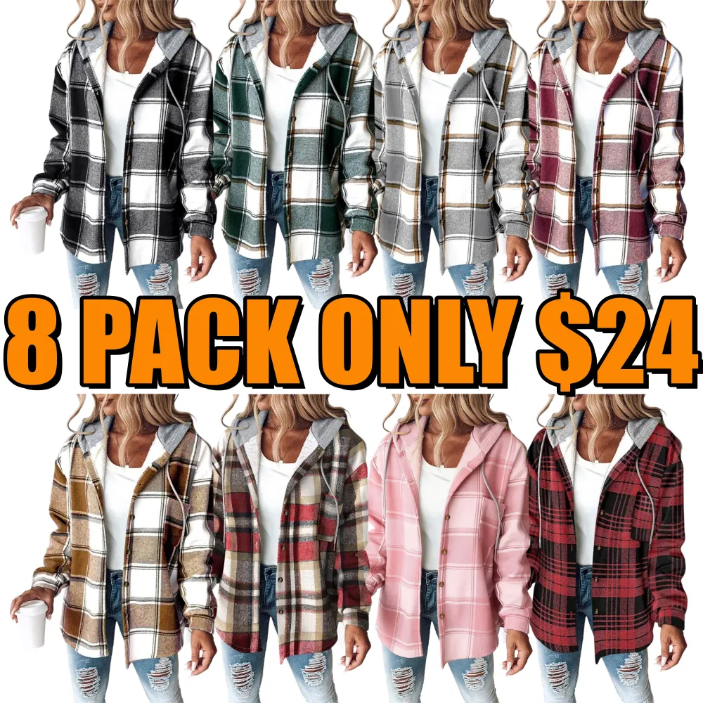 Women's Plaid Pattern Shacket  Hooded Jackets