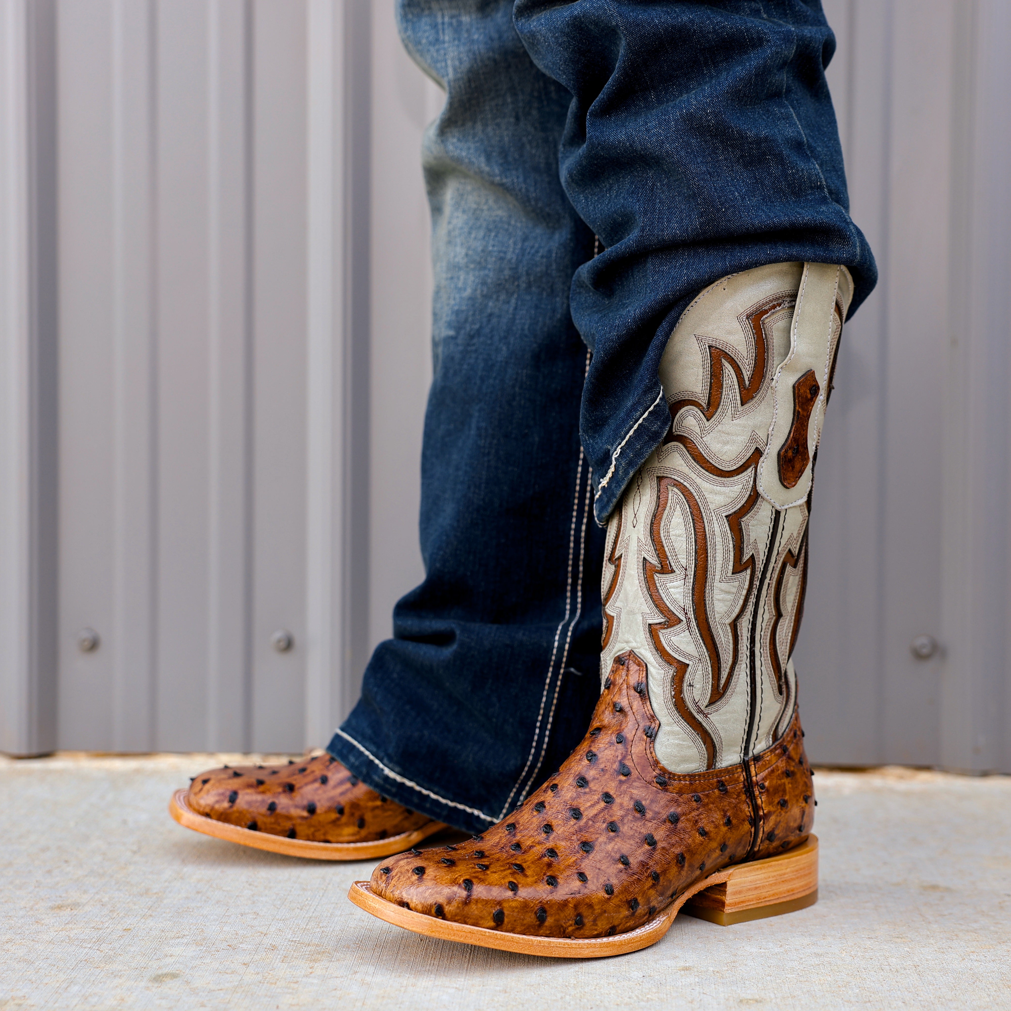 Cognac Ostrich Leather Boots - Square Toe