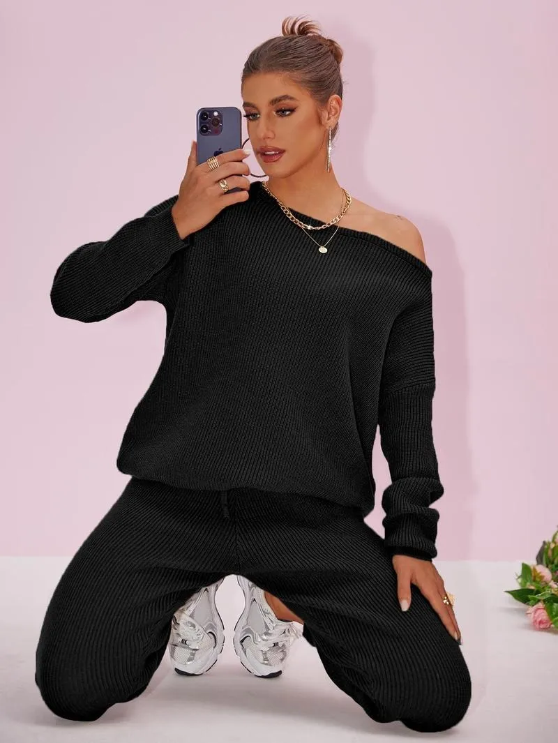 Women's 2025 Fall Winter Knit Set Oversized Sweater & Lounge Pants Matching Sets