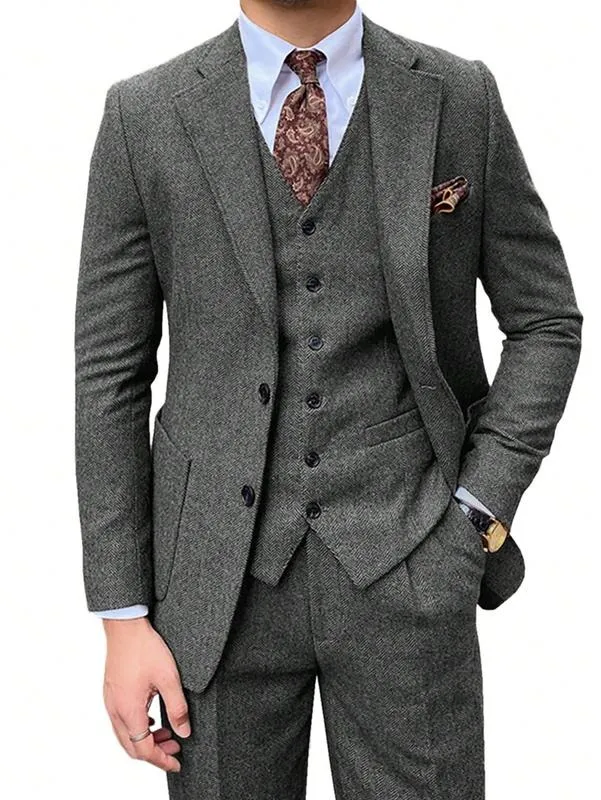 Men's Retro 3-Piece Tweed Herringbone Suit Set Two-Buttons Blazer Vest Pants Autumn New Arrival Formal Business Attire